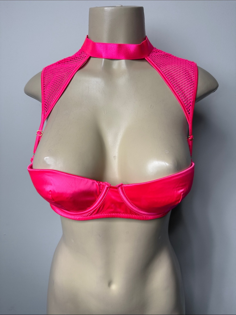 Fashion Nova Neon Pink Satin Halter Bra with Choker